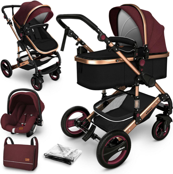 KIDUKU- 3 in 1 combi-kinderwagen- bordeaux/goud- buggy incl. autostoeltje-regenhoes-  inklapbaar kopen | Baby / Geboorte