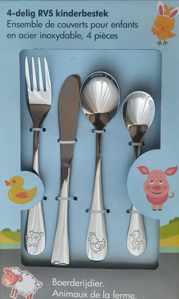 RVS 4- delig Kinderbestekset boerderijdieren mes - vork - lepel desertlepeltje - Kinder bestekset dieren -bestek voor peuters - kraamcadeau kopen | Baby /